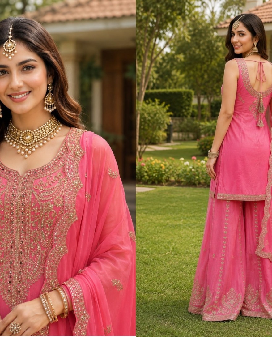2171 - Beads Diamond Embroidered and Sequins Work Silk Palazzo Salwar Suit In Pink Colour
